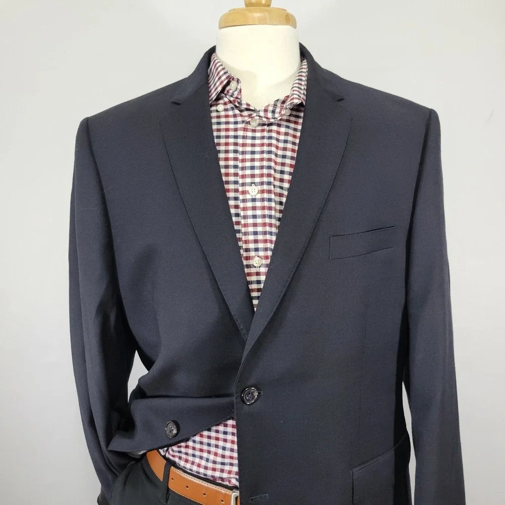 Lauren Ralph Lauren Mens Sport Coat Blazer Two Button Navy Wool Spandex 46R SLIM